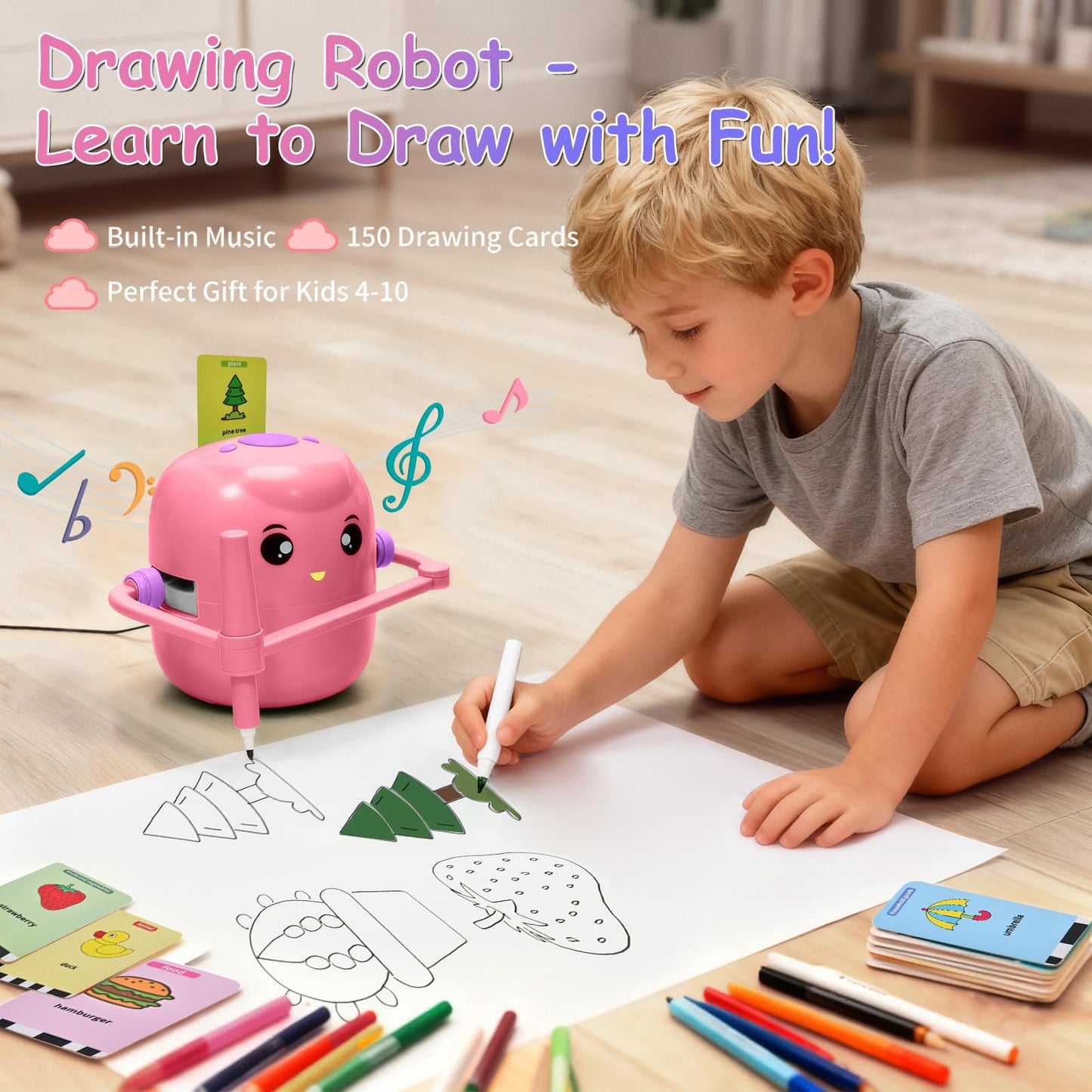 Drawing Robot for Kids, Voice Interactive Educational Drawing Machine with 150 Drawing Cards, Montessori Learning Toys for Kids Ages 3-8, for Boys