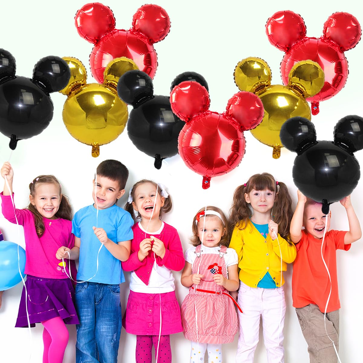 9Pack Mouse Party Foil Balloons, 27” Black Red Yellow Balloons for Cartoon Mouse Party, Baby Shower, Kids Birthday Theme Party Decoration Supplies