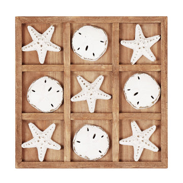 NIKKY HOME Beach Tic Tac Toe for Fun Starfish Sand Dollar Coastal House Coffee Table Decor Wood Board Travel Game, 8.97 by 8.97-in Distressed White