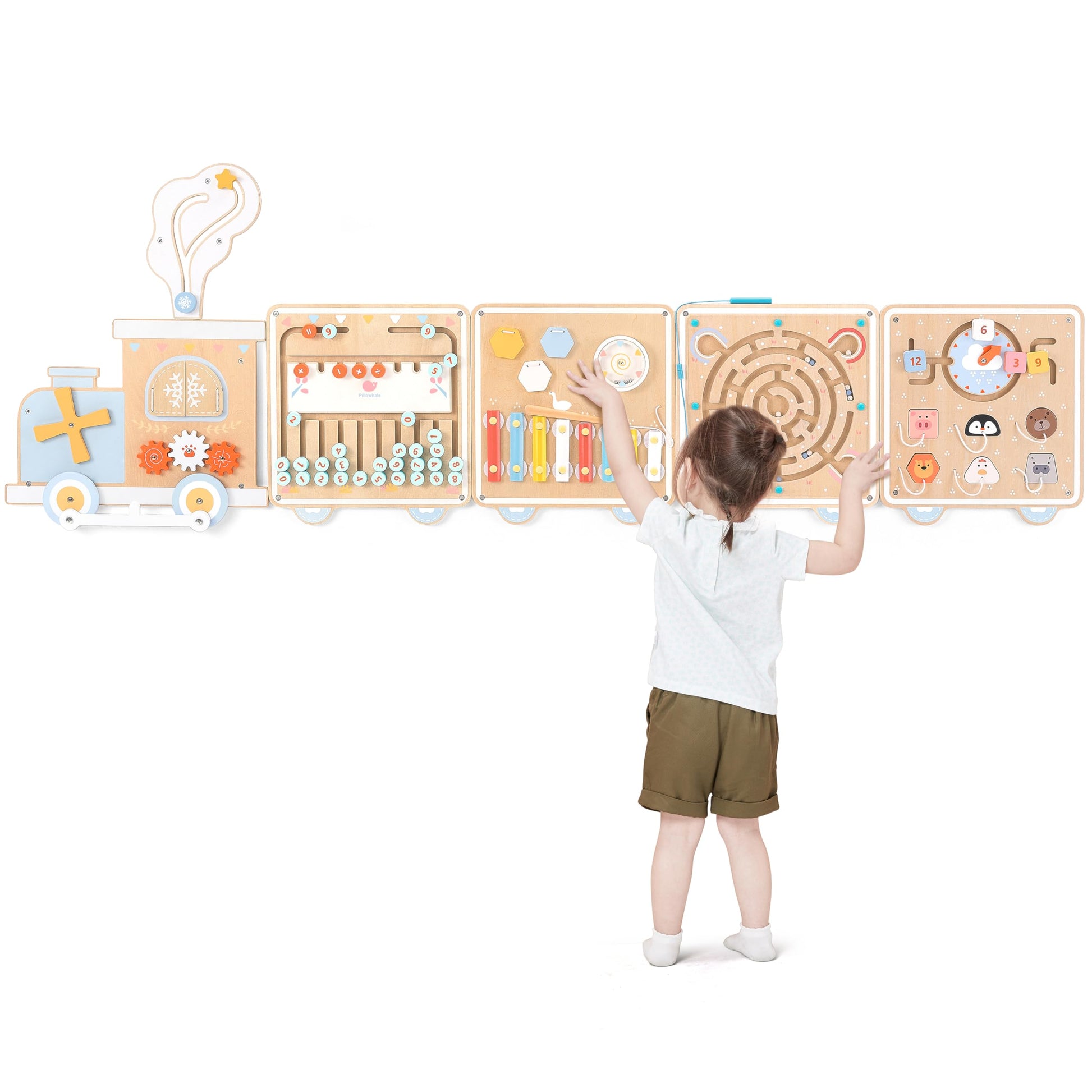 Pillowhale Train Activity Wall Busy Board, Wooden Montessori Sensory Toys, 12-in-1 Learning Activity Center for Playroom,Daycare, Nursery, Classroom