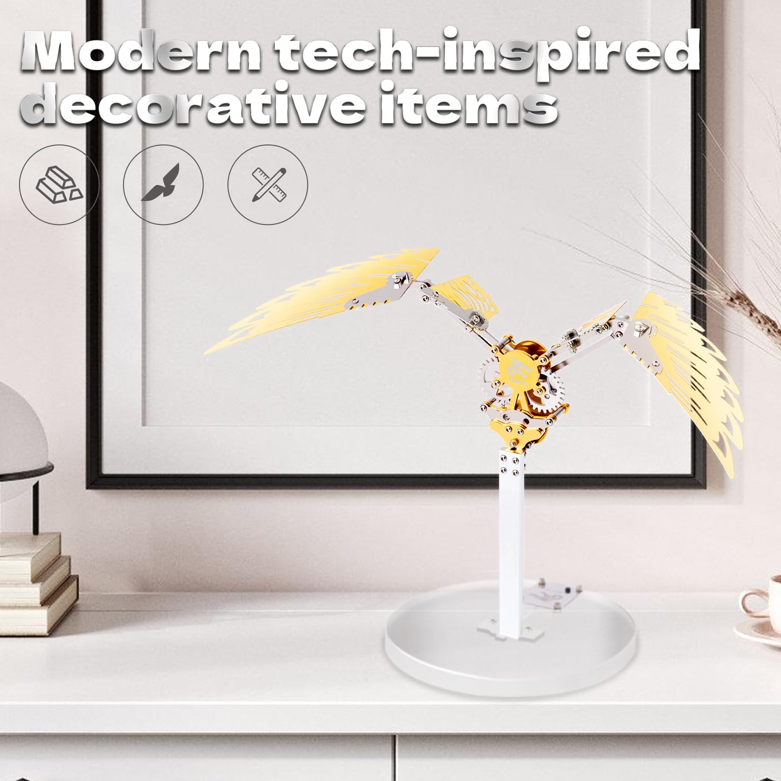LONGPIN Flying Wings 3D Metal Puzzle Kit - Mechanical Biomimetic Wings with Micro Motor, DIY Kinetic Sculpture for Adults, Precision Electroplating