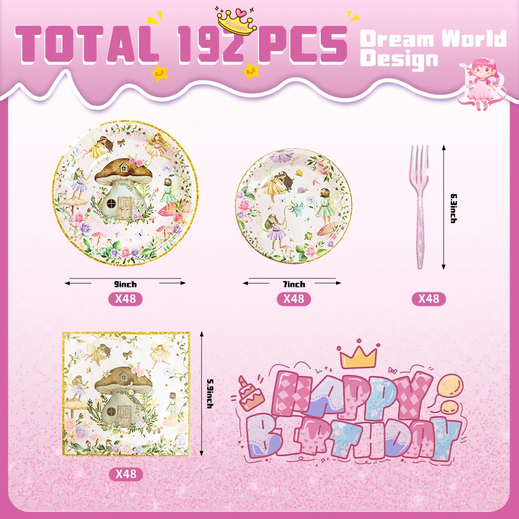 192 Pcs Fairy Party Tableware Set (Serves 48 Guests), Plates, Napkins, Forks, Enchanted Garden Theme for 1st Birthday, Baby Shower, Girls Fairy Party