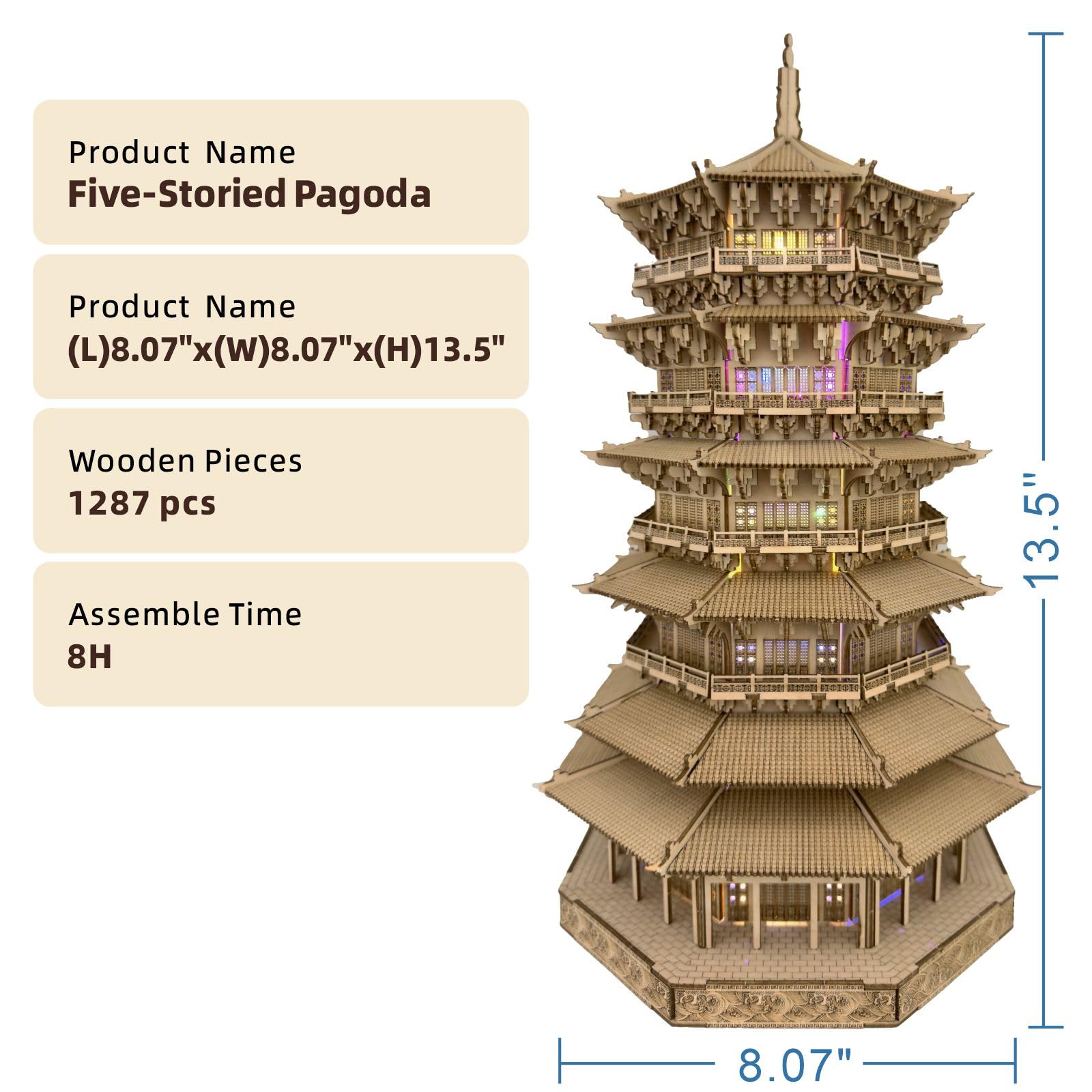 3D Wooden Puzzles for Adults Wooden Pagoda Assembly Model Kits,3D Puzzle Adult Building Crafts for Adults and 14+ Teens.(Five-Storied Pagoda 1287