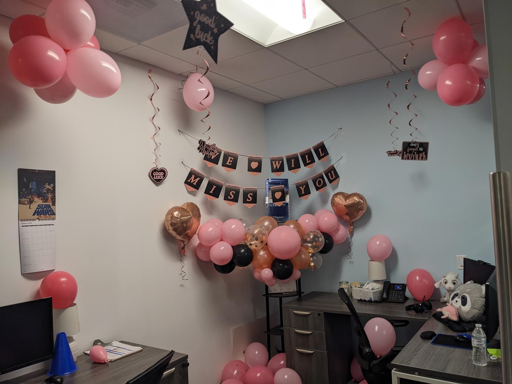 Rose Gold Farewell Party Decorations,We Will Miss You banner,Going away party decorations for Coworkers Goodbye, Rose Gold Hanging Swirls Balloon
