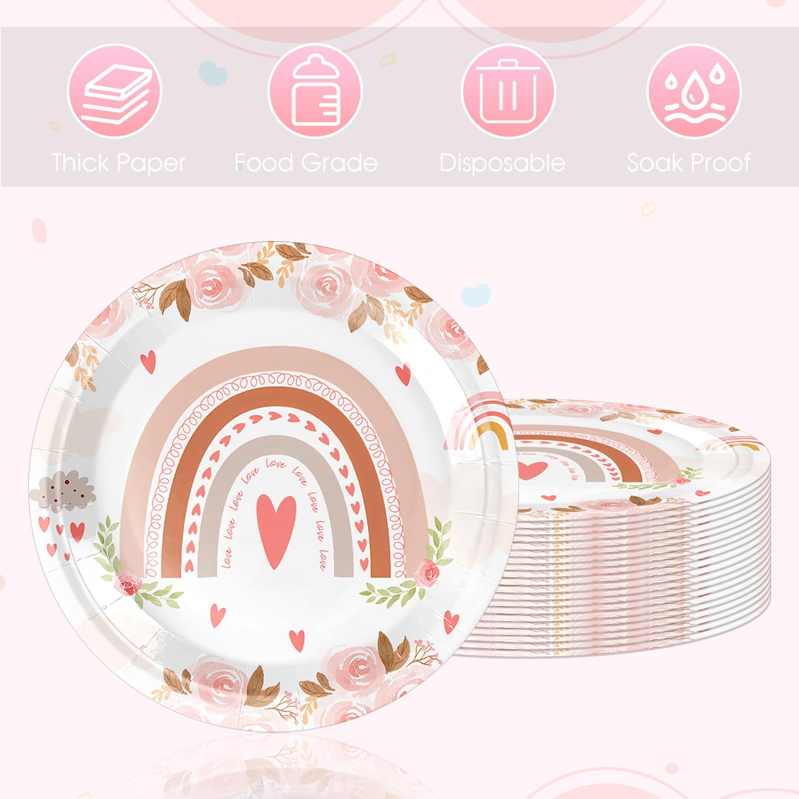 VVBray 20Pcs 9 Inch Boho Rainbow Disposable Plates Boho Themed Party Tableware Party Plate Set Dessert Paper Plates, for Girls Kids Groovy Birthday