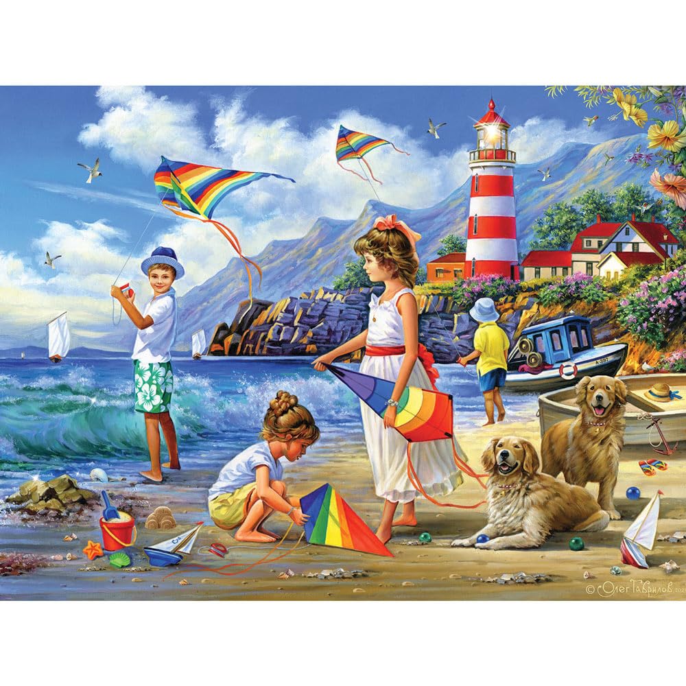 Bits and Pieces - Large 300 Piece Jigsaw Puzzle for Adults - Flying High - Kites at The Beach Jigsaw Puzzle by Alan Giana -, Completed Puzzle Size