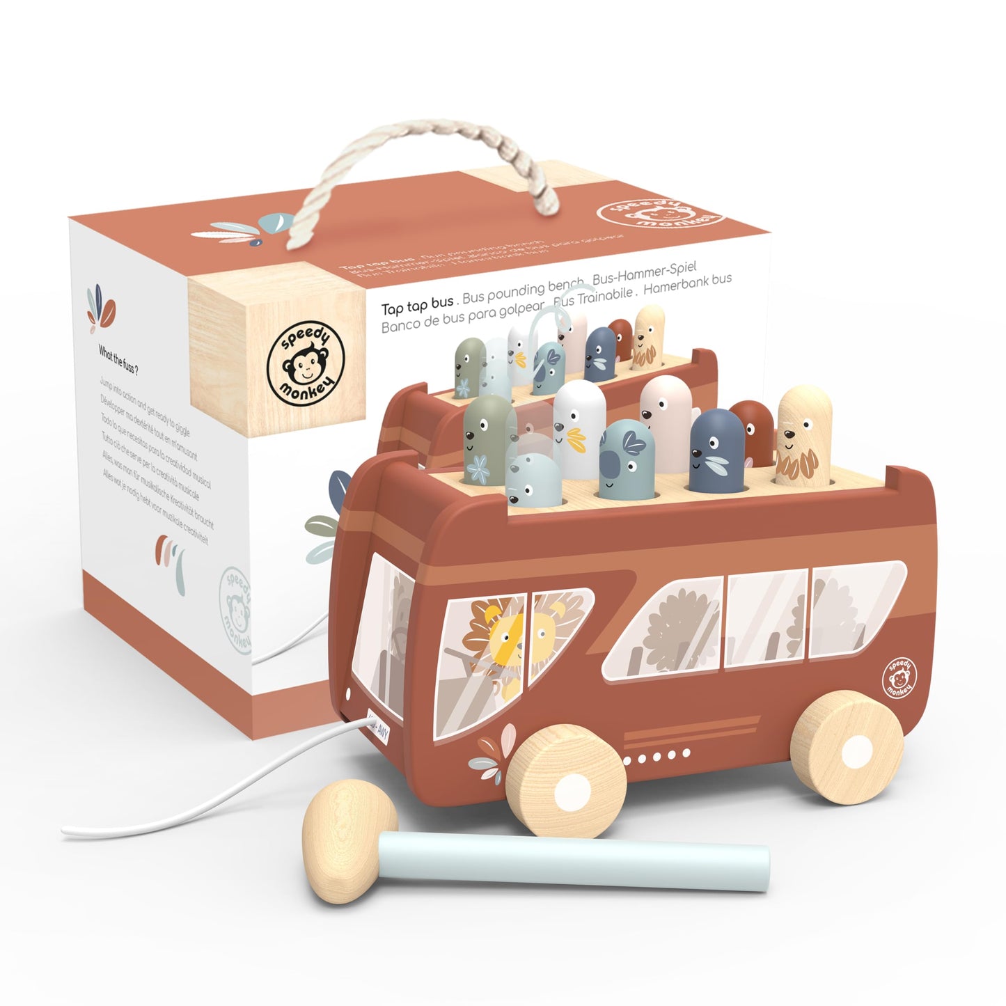 Speedy Monkey Bus Pounding Bench, Pull-Along Bus with Hammering Activity, 8 Wooden Characters, Enhances Hand-Eye Coordination, Safe Design, Non-Toxic