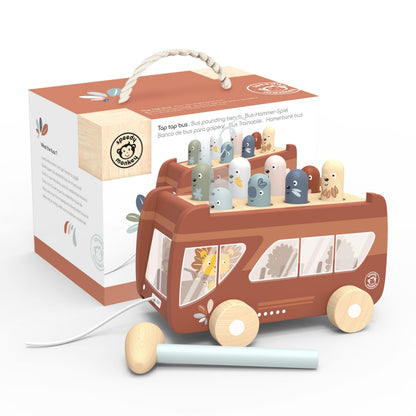 Speedy Monkey Bus Pounding Bench, Pull-Along Bus with Hammering Activity, 8 Wooden Characters, Enhances Hand-Eye Coordination, Safe Design, Non-Toxic