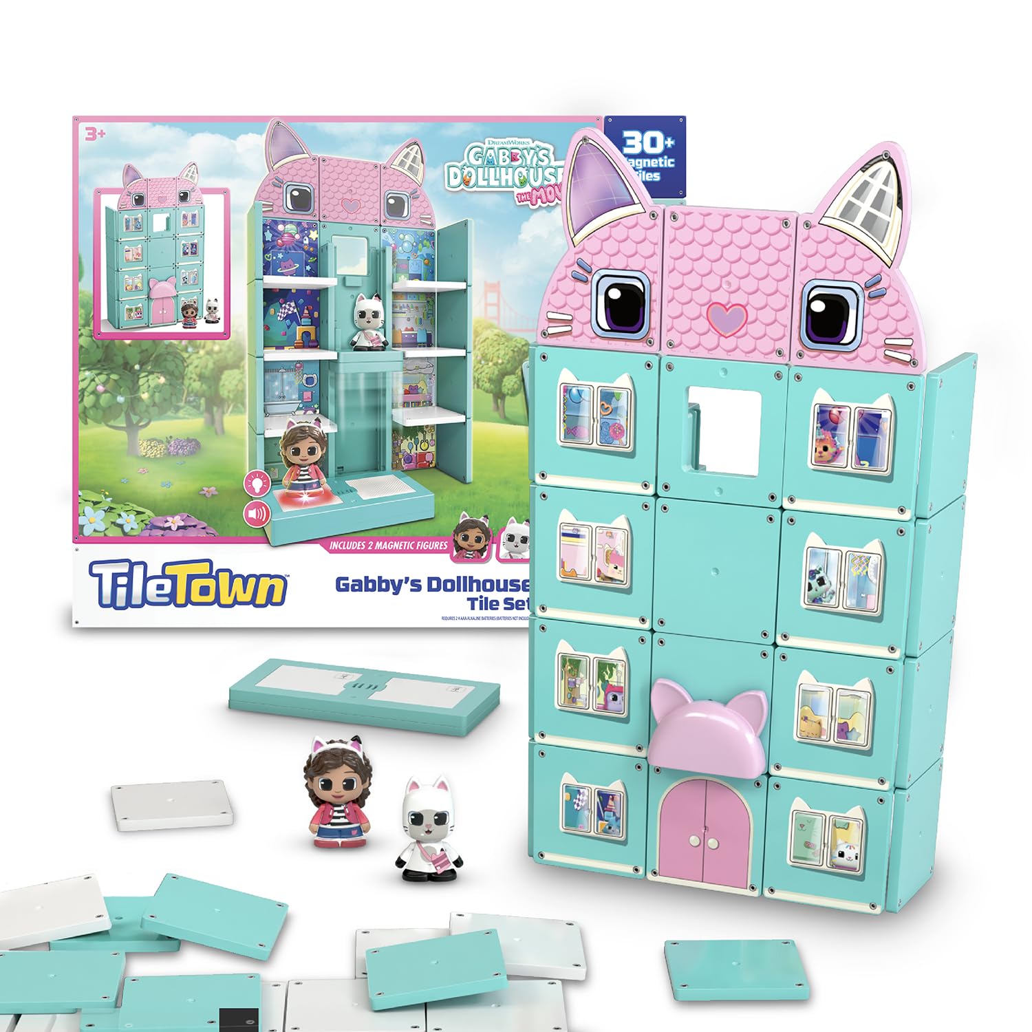 Tile Town Gabby’s Dollhouse 35-Piece Magnetic Tile Playset, Interactive STEM Magnetic Tiles Toys, Includes Gabby & Pandy Paws Figures, Action Tiles
