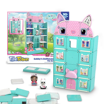 Tile Town Gabby’s Dollhouse 35-Piece Magnetic Tile Playset, Interactive STEM Magnetic Tiles Toys, Includes Gabby & Pandy Paws Figures, Action Tiles