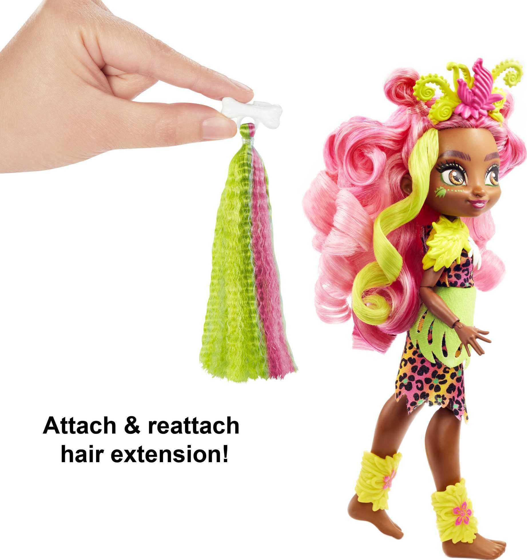 Mattel Cave Club Fernessa Doll (8-10-inch, Pink Hair) Poseable Prehistoric Fashion Doll with Dinosaur Pet and Accessories, Gift for 4 Year Olds and Up