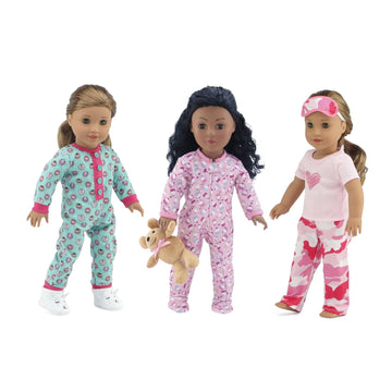 Emily Rose 18-inch Doll Pajamas 7-PC Set - Cupcake, Lamb & Pink Camo PJs with Teddy Bear - Sleeping Clothes Bundle for Dolls - Compatible