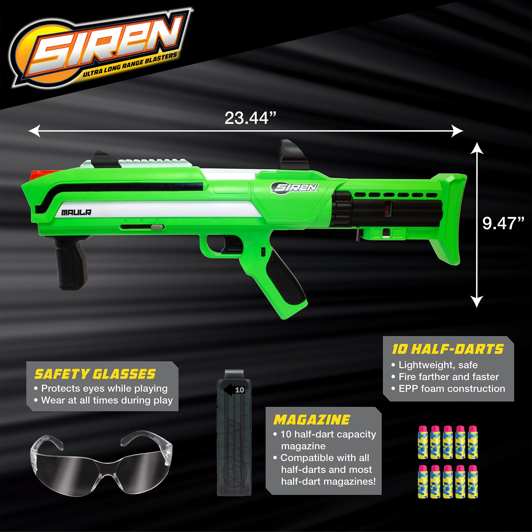 Siren Blasters Maulr Ultra Long Range Foam Dart Blaster, Pump-Action Multi-Shot, 200 Ft Range, 220 FPS, Adjustable Fire Power (Control Speed