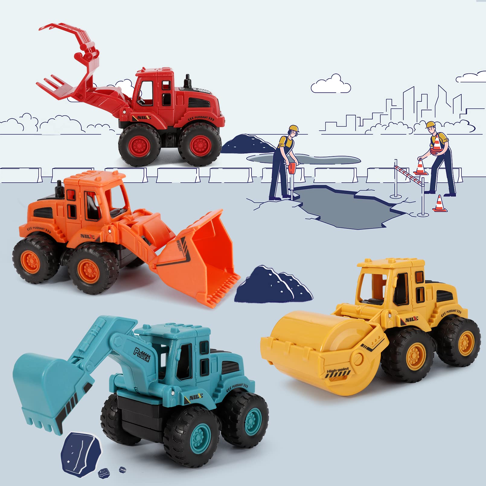 4Pcs Construction Toys,Friction Powered Construction Truck Toys Vehicles,Push and Go Construction Sand Truck Toys,Outdoor Toys with Bulldozer