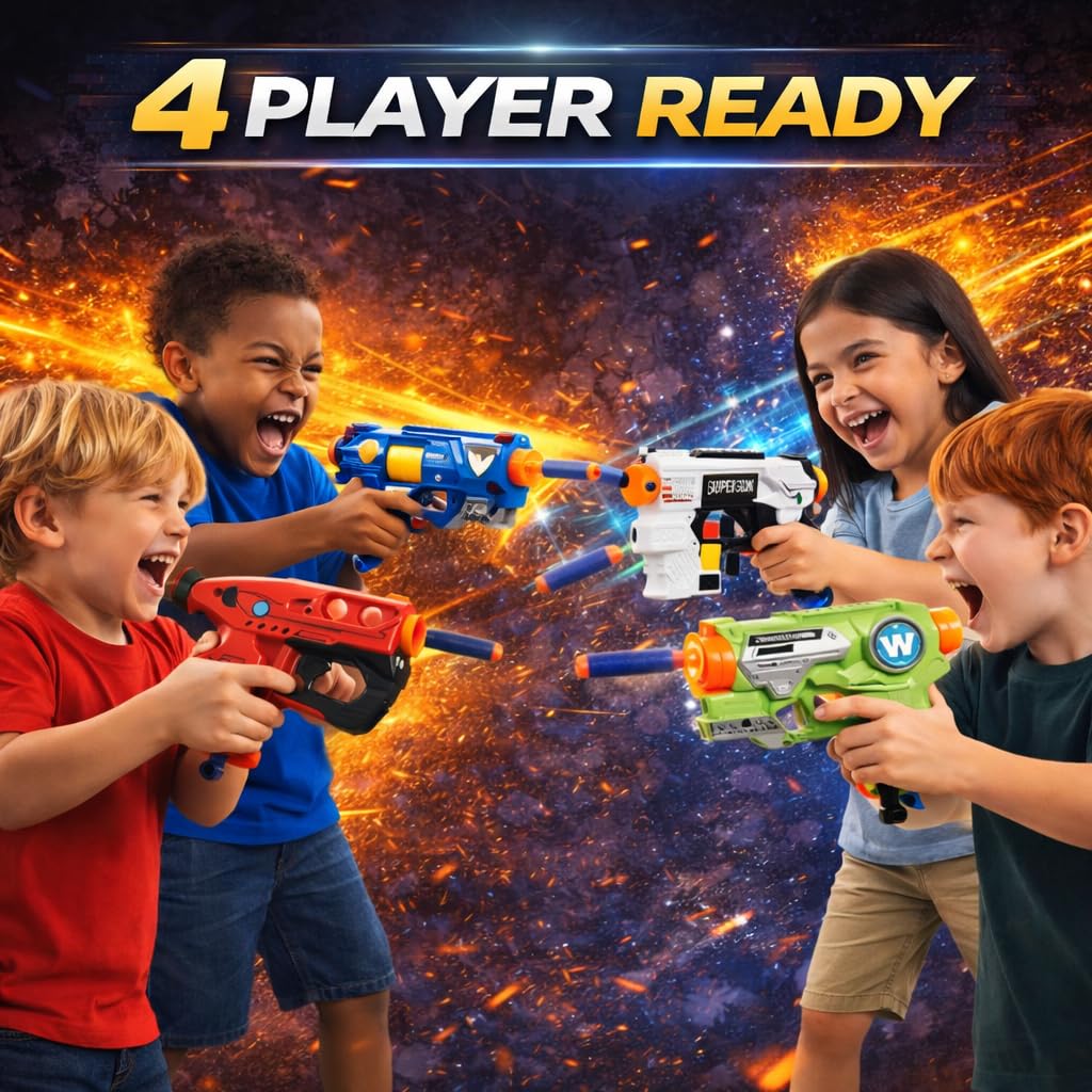 4 Pack Mini Foam Dart Blaster - Individually Wrapped Party Favor Set for Kids, Pull Back Single Shot Toy Guns with 16 Soft Foam Darts - 50 Ft Range