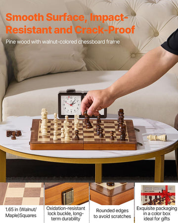 VEVOR 15-inch Magnetic Wooden Chess Set, 2-in-1 Folding Chess and Checkers Game for Adults and Kids, Portable Travel Chess Set with 2 Queens, Ideal