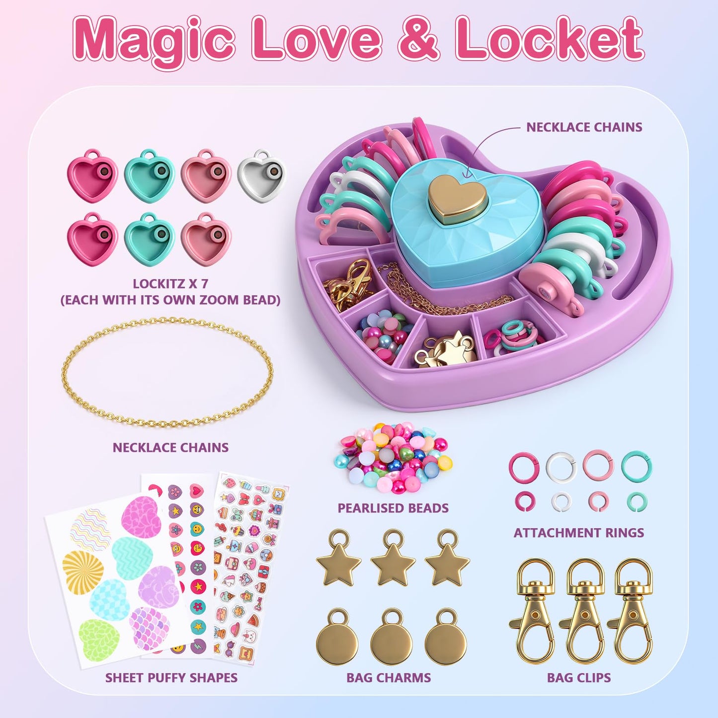 DIY Heart Locket Keychain Making Kit with Magic Zoom Beads, Gifts for Girls Ages 5 6 7 8 9 10, Toys for Girls Bag Charms Craft Set for Backpacks