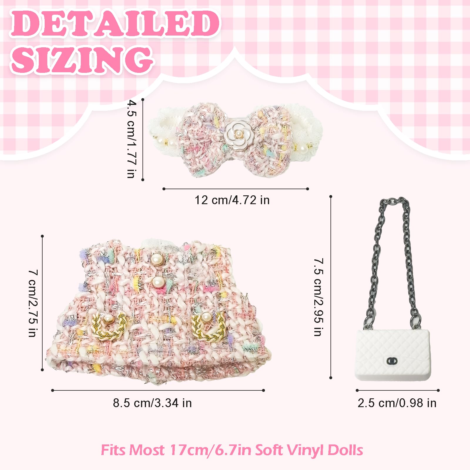 Clothes Compatible with Labubu Doll,Labubu Outfit Set - Pink Dress + Bow Headband + White Shoulder Bag for Labubu Dolls, Stylish Accessories for 17cm