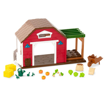 Li’l Woodzeez - Happy Harvest Farm Playset - 20 Pcs Doll Playset with Farmer & Garden Accessories - Pretend Play Toy Barn for Kids Age 3+