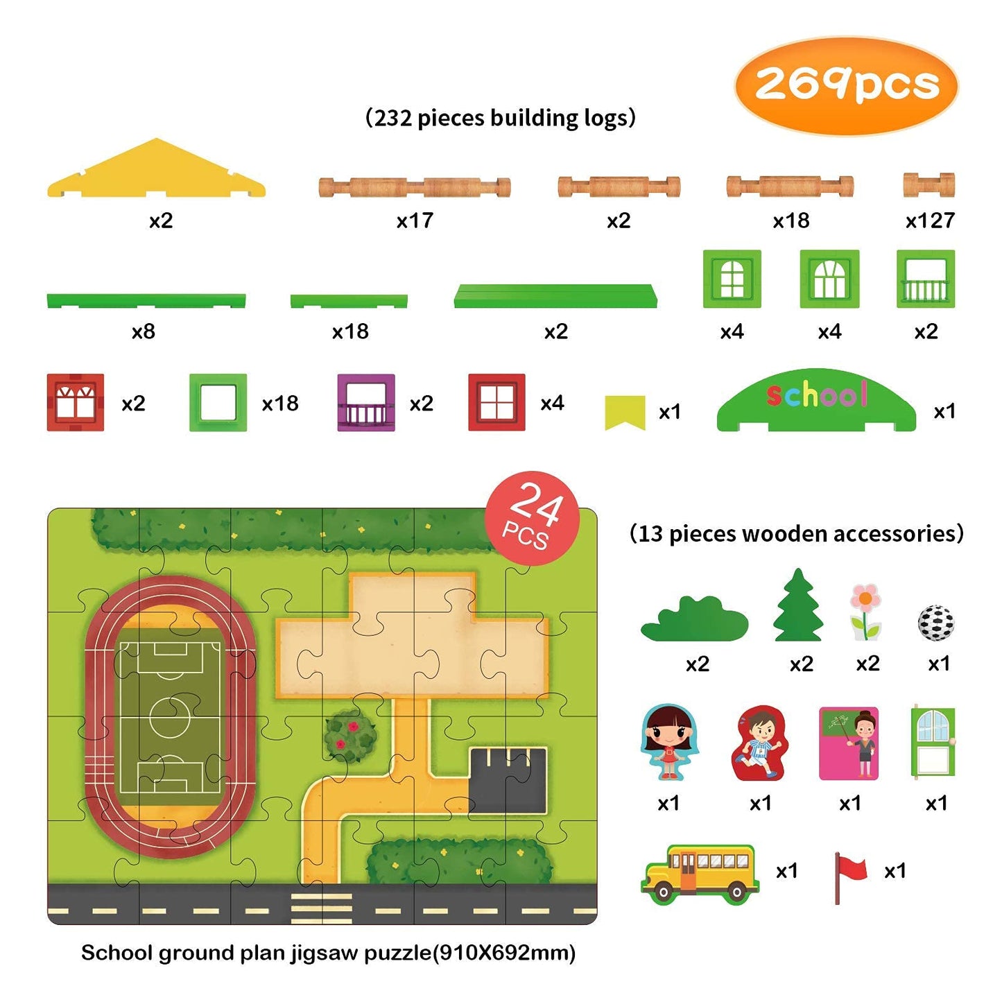 Wondertoys 269 Pieces Real Wood Logs Set Ages 3+, Classic Building Log Gift Set for Boys/Girls- Creative Construction Engineering - Top Blocks Game