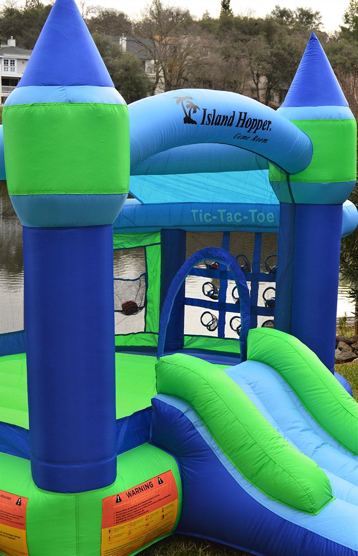 Island Hopper Shady Play Game Room with Shaded Canopy - Recreational Bounce House with Padded Floor Side Room, Basketball, Target Throw, tic-tac-Toe