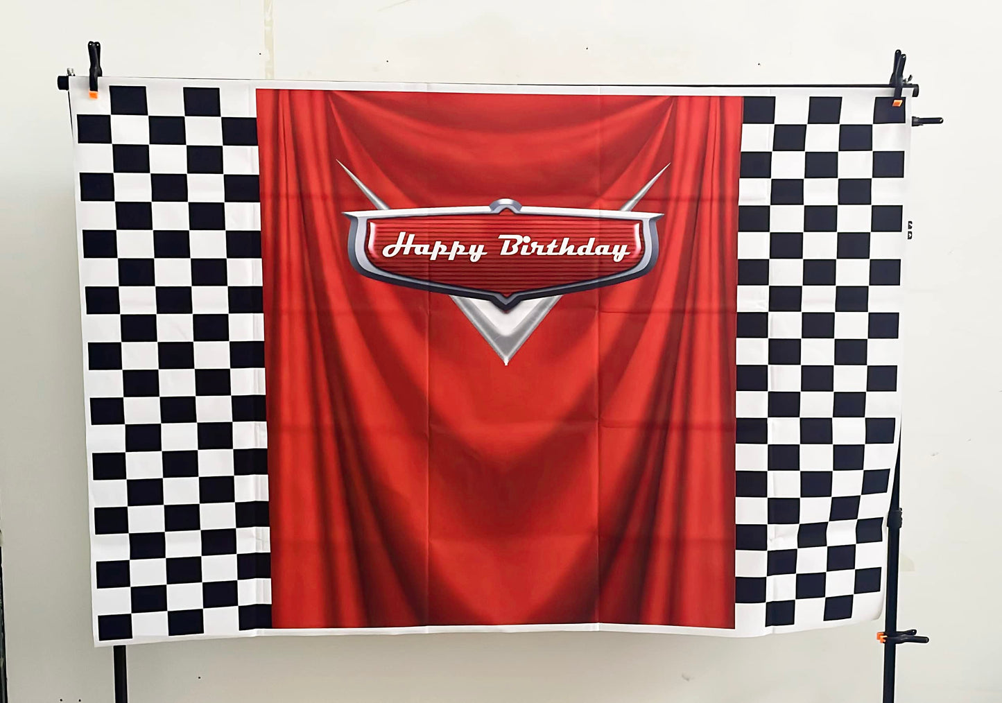 7x5ft Car Black White Grid Red Birthday Themed Backdrops Racing Flag Red Photo Backgrounds for Photography Happy Birthday Party Banner Photo Booth