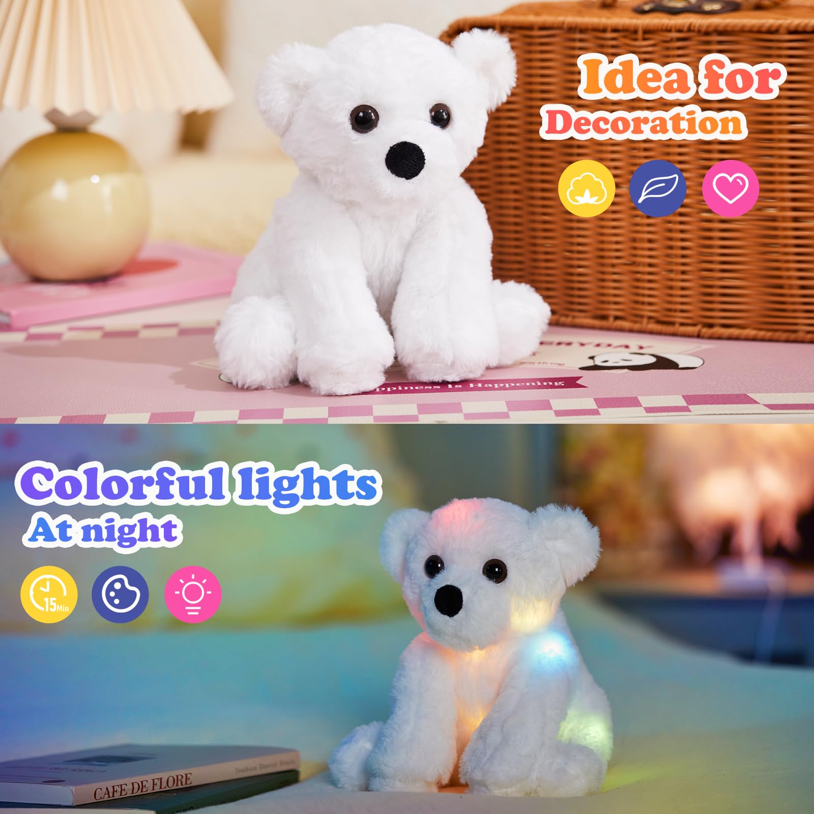 BSTAOFY Glow Polar Bear Light up Stuffed Animal LED Night Light Bear Soft Plush Toy Adorable Birthday Mother's Children's Day Valentines for Toddler