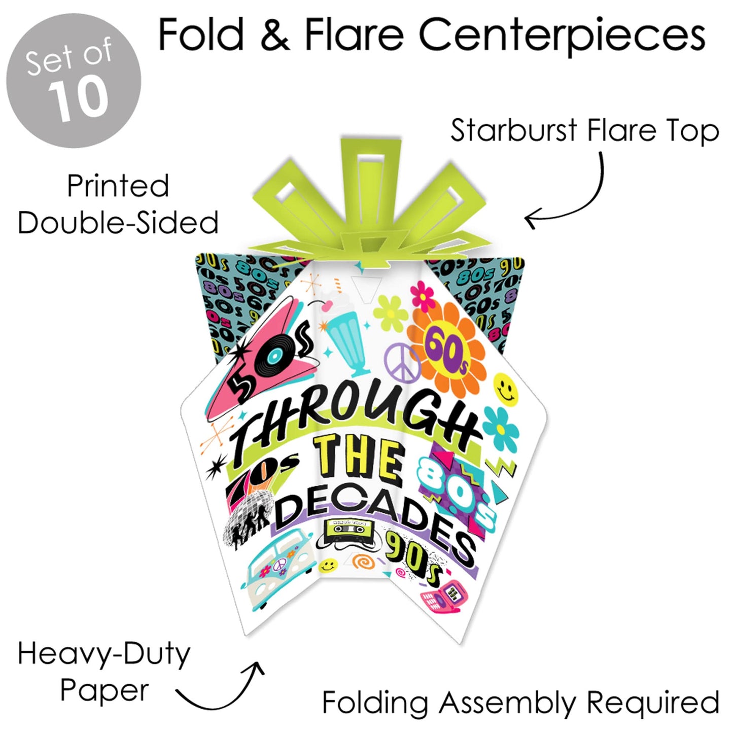 Big Dot of Happiness Through the Decades - Table Decorations - 50s, 60s, 70s, 80s, and 90s Party Fold and Flare Centerpieces - 10 Count