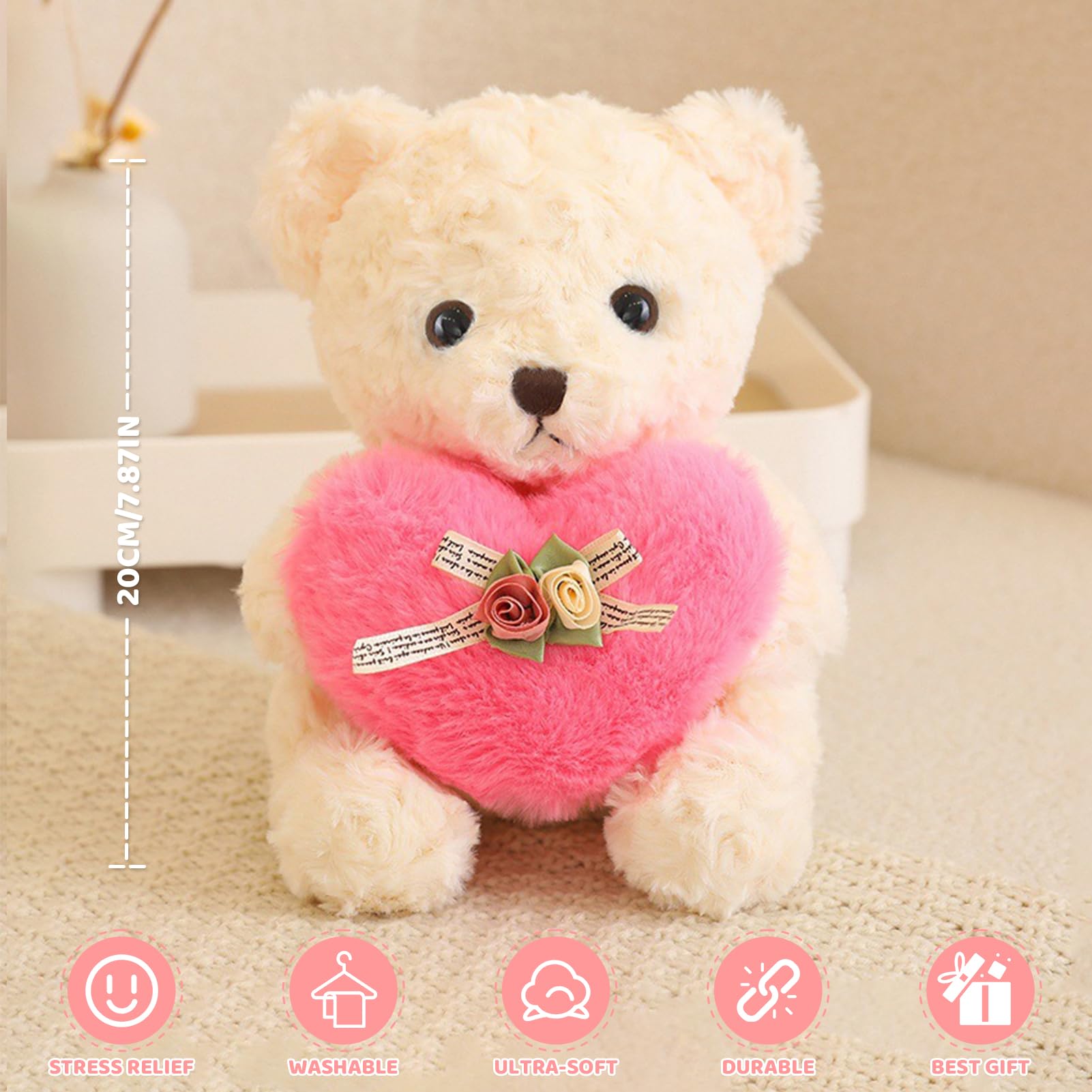 ABEARCAR Cute Teddy Bear Stuffed Animals with Pink Heart for Kids,Soft Teddy Bear Plushies Valentine's Day, for Girlfriend Kids or Mom