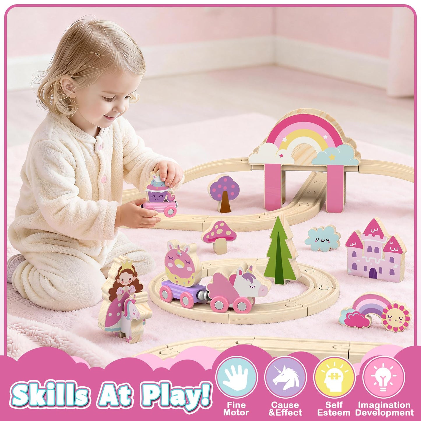 Lehoo Castle Wooden Train Set - Unicorn Train Set for Toddlers 2-4, Wooden Train Track Toddler Girl Toys, Pink Train Fantasy Toys for 3 4 5 6 7 Year