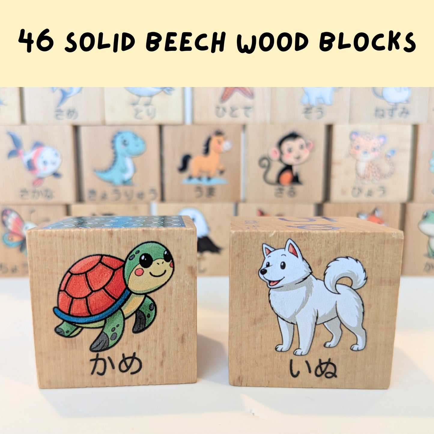 Tot Dojo Japanese Wooden Block Set (46 pcs) for Toddlers & Kids - Hiragana, Katakana, Kanji, Romaji - Animals, Numbers, Colors, Foods, Shapes - Solid