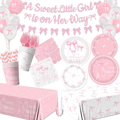 Pink Bow Baby Shower Decorations for Girl - Bow Party Tableware Include Plates,Napkins,Banner A Sweet Little Girl is on Her Way Decorations
