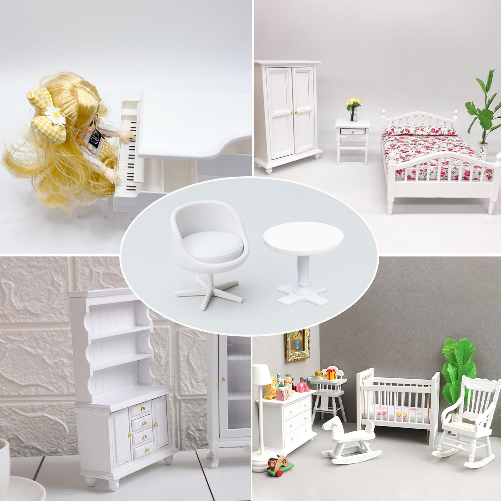 6Pcs 1:30 Scale Miniature Chair, Mini Plastic Chairs and Table, Mini Backrest Swivel Egg Chair, Miniature Furniture for Mini House Accessories