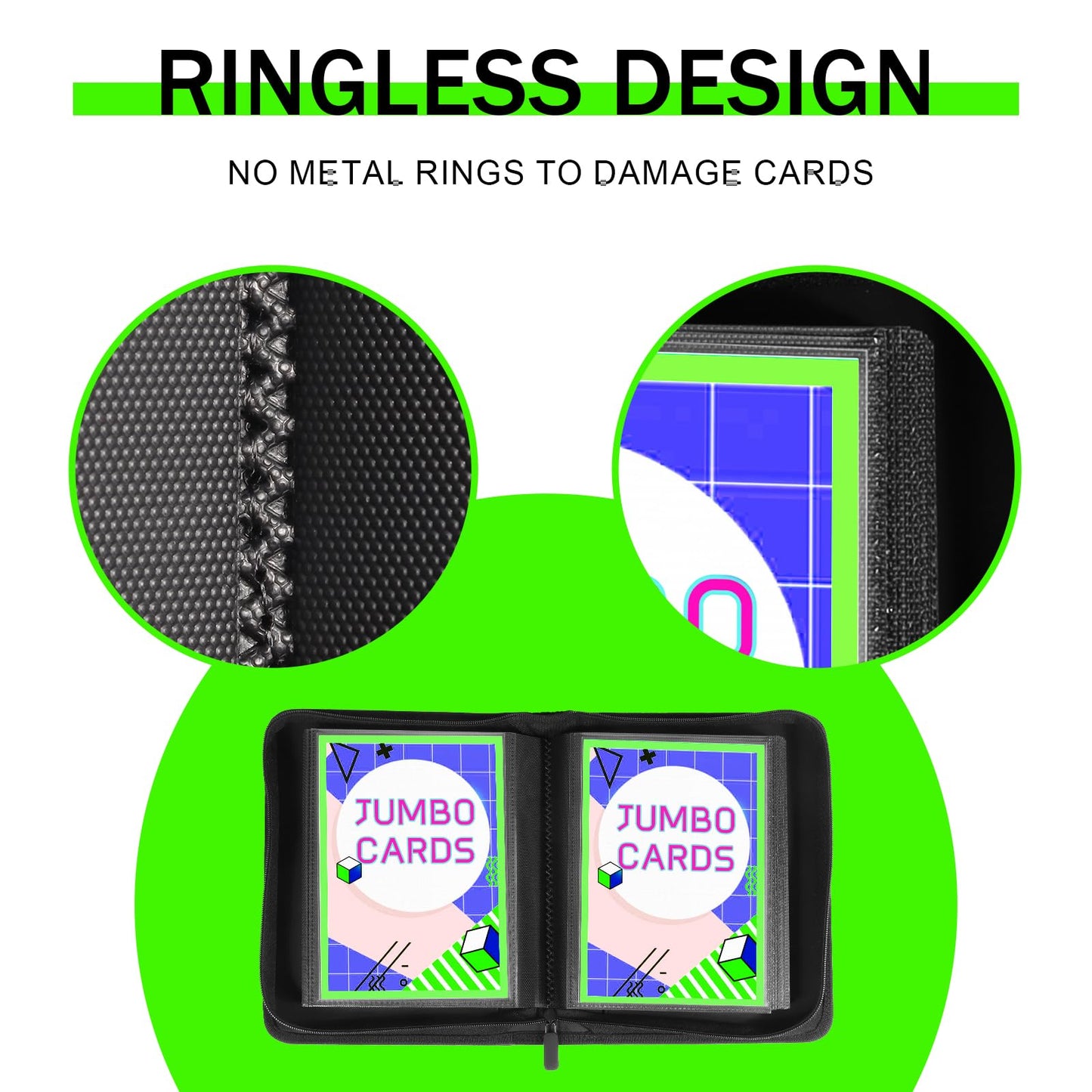 Jumbo Card Binder 100 Pockets for Oversized & Big Cards - Ringless PU Leather Binder with Zippered Closure, Top Loading & Wrist Strap, Fits 6x8 Inch