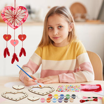 Fennoral 6 Pack Heart Dream Catcher Craft Kit for Kids Paint You Own Love Heart Dream Catcher DIY Coloring Mother's Day Wooden Art and Craft for Art