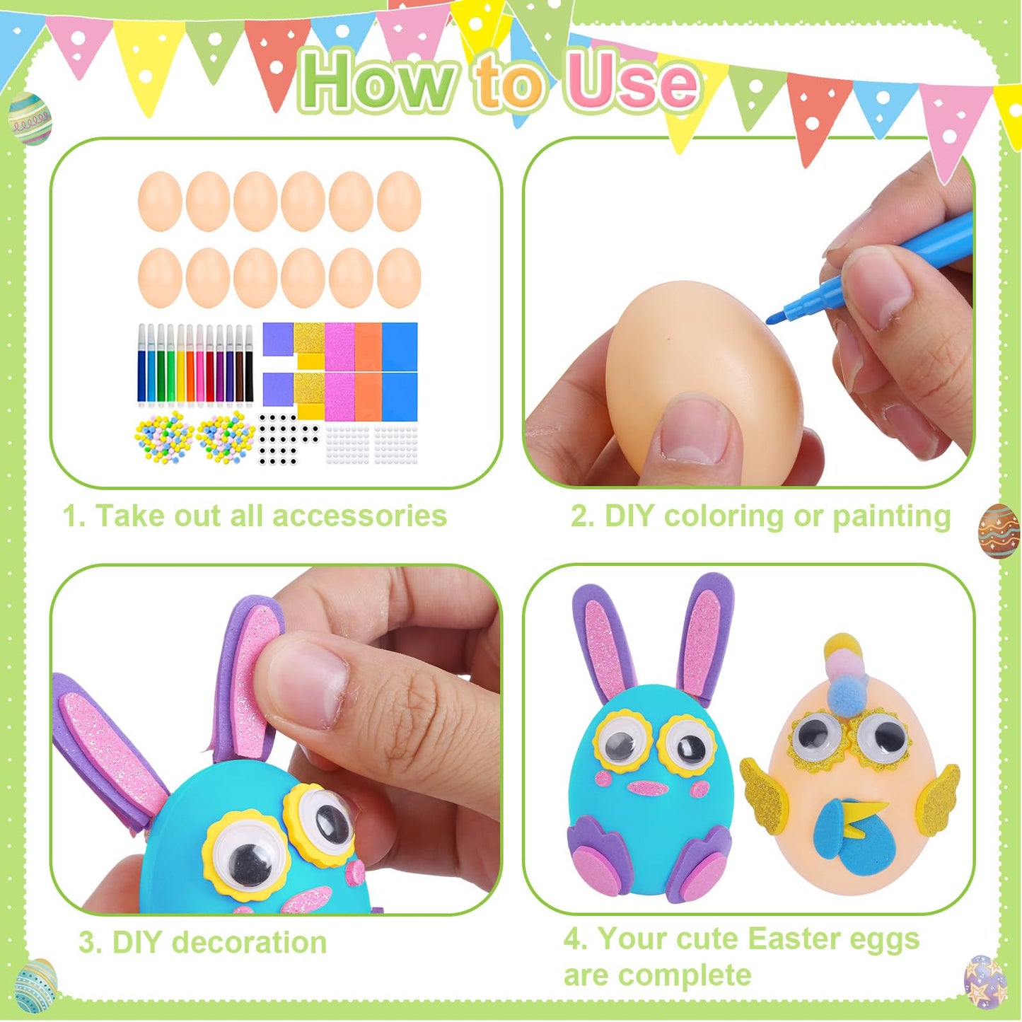 Fennoral 12 Pack Easter Egg Craft Kit for Kids Make You Own Easter Art and Craft Kit DIY Coloring Plastic Egg with Foam Sticker Pom Poms Color Pen