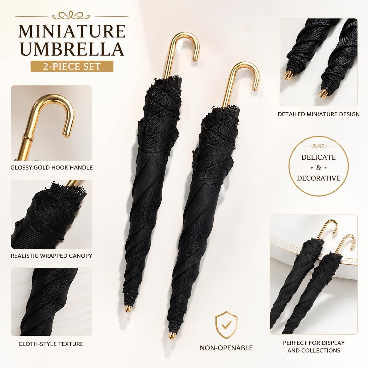 2Pcs Miniature Umbrellas, 1:12 Scale, Black Cloth, Mini Furniture Decorative Accessories, Dollhouse Umbrella