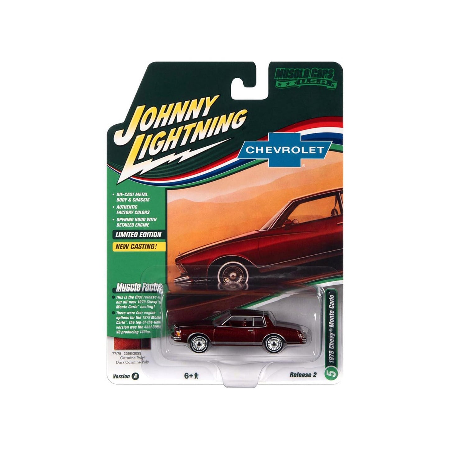 1979 Chevy Monte Carlo Carmine Red Met. w/White Stripes Muscle Cars U.S.A Series LTd Ed 1/64 Diecast Model Car by Johnny Lightning JLMC030-JLSP249 A