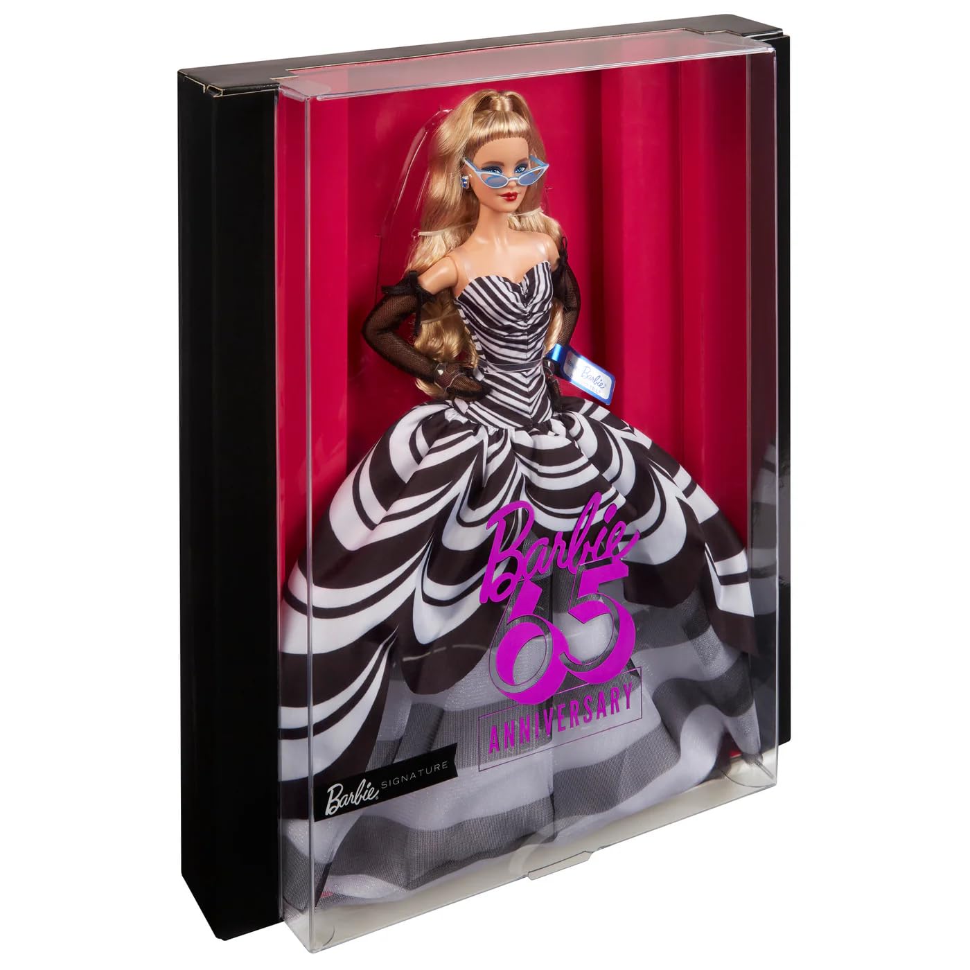 Barbie Signature Doll, 65th Anniversary Collectible with Blonde Hair, Black & White Gown, Sapphire Gem Earrings & Sunglasses