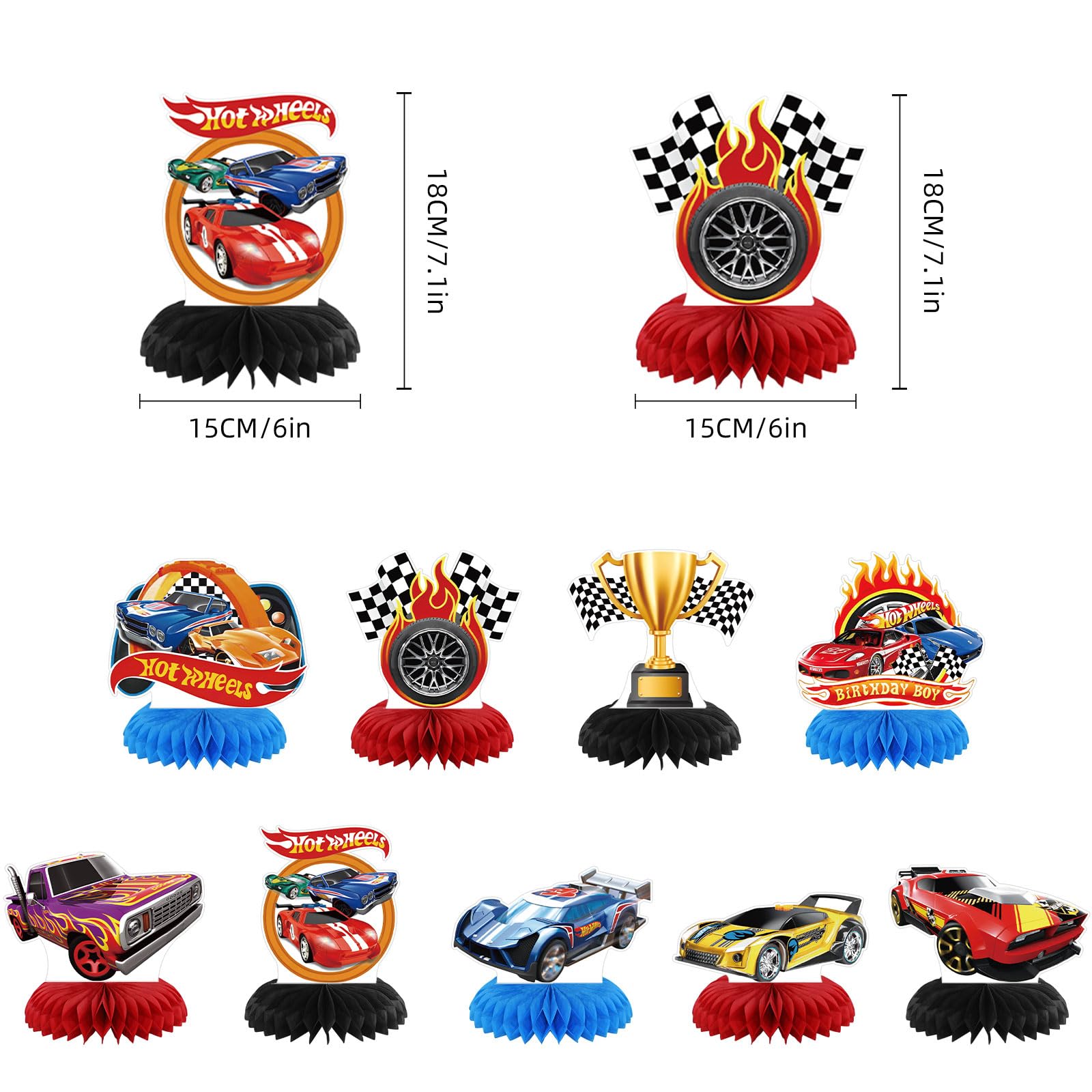 Hot Cars Party Decorations Honeycomb Centerpiece, 9 Pieces Race Car Themed 3D Double Side Cake Toppers Table Centerpieces, Cartoon Photo Backdrop