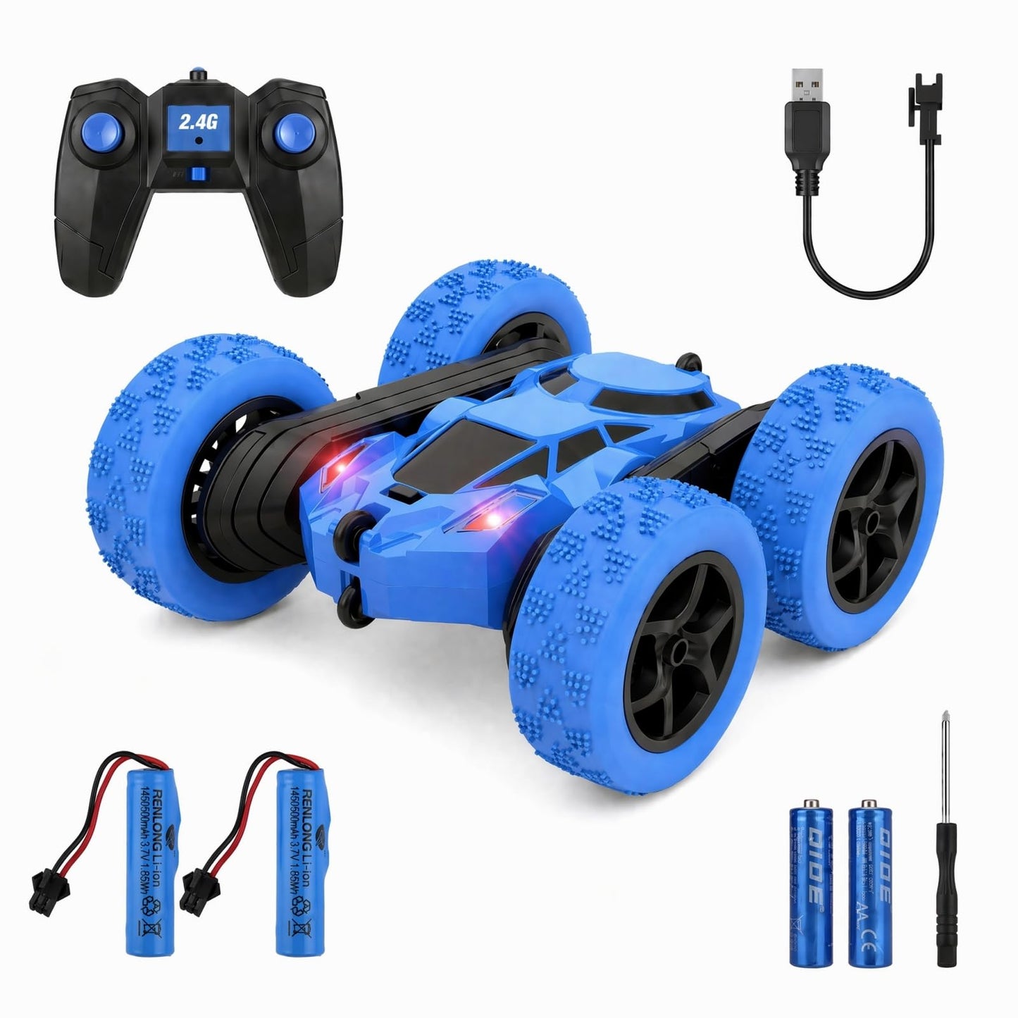 BSHSM RC Car 2.4GHz 360° Spin Off-Road Stunt Vehicle with 2 Rechargeable Batteries + USB Charging Cable, Full Terrain Remote Control Truck for Kids