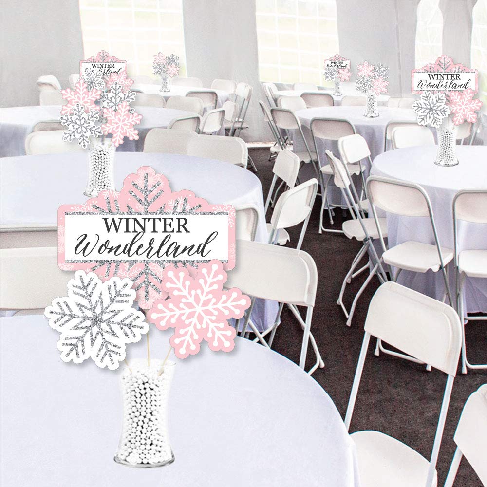 Big Dot of Happiness Pink Winter Wonderland - Holiday Snowflake Birthday Party and Baby Shower Centerpiece Sticks - Showstopper Table Toppers - 35
