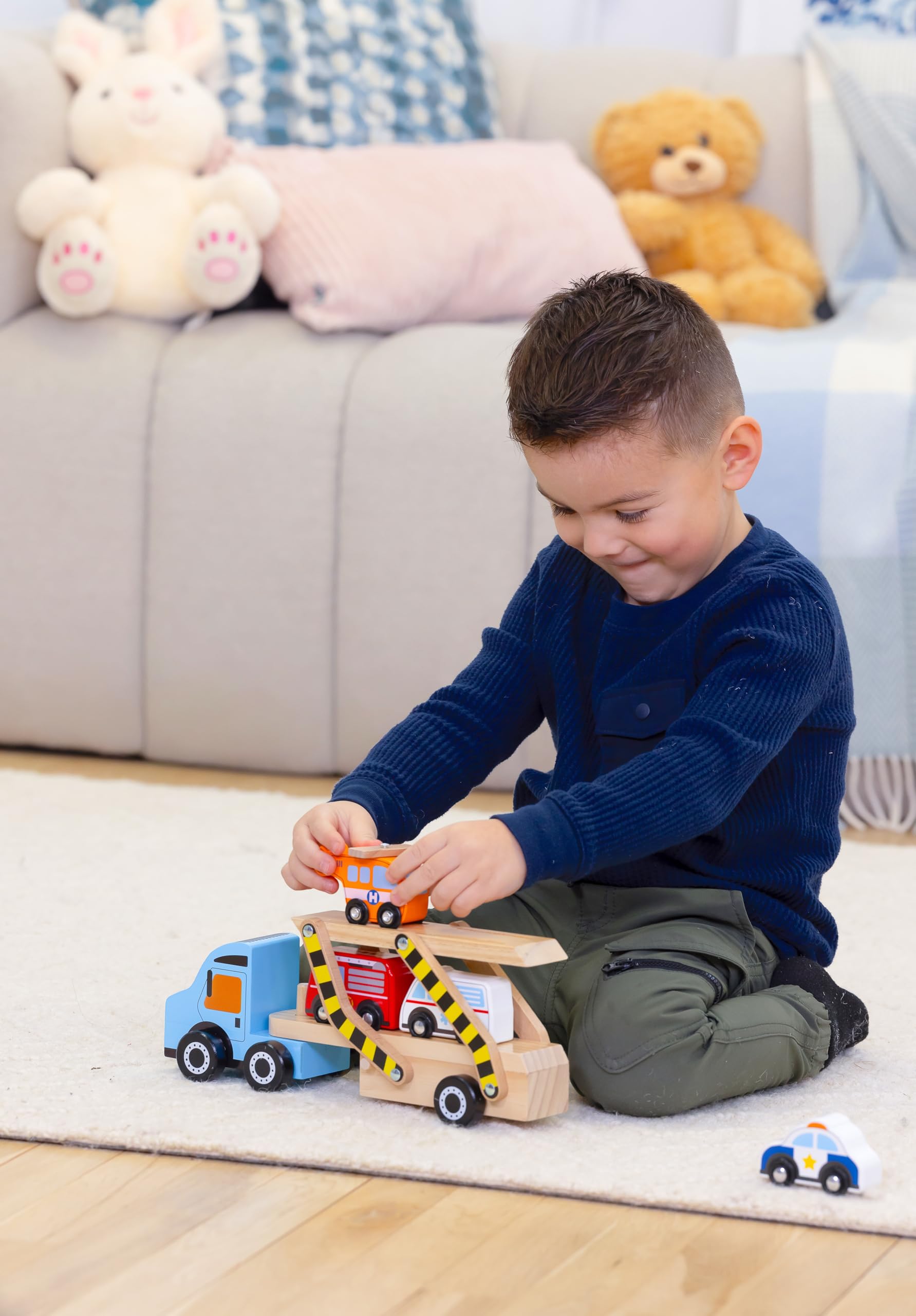 Jasey's Toy Chest Wooden Off to the Rescue Vehicle Carrier - 6-Piece Fire & Rescue Wooden Toy Set for Kids Ages 3+ | Oppenheim Award Winner