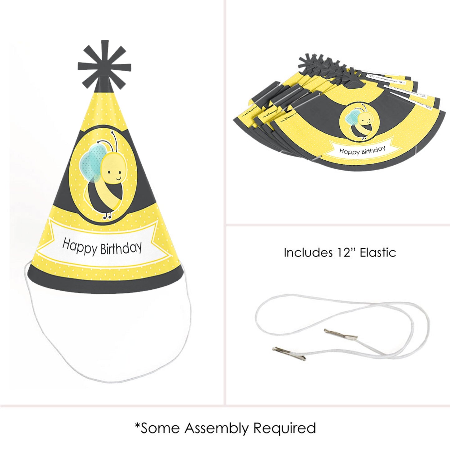 Big Dot of Happiness Honey Bee - Cone Happy Birthday Party Hats for Kids and Adults - Set of 8 (Standard Size)
