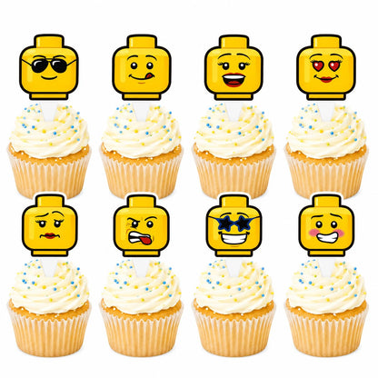 Funny Emoji Cup Cake Toppers for Boys Birthday Building Block Style Birthday Cake Decorations 16PCS