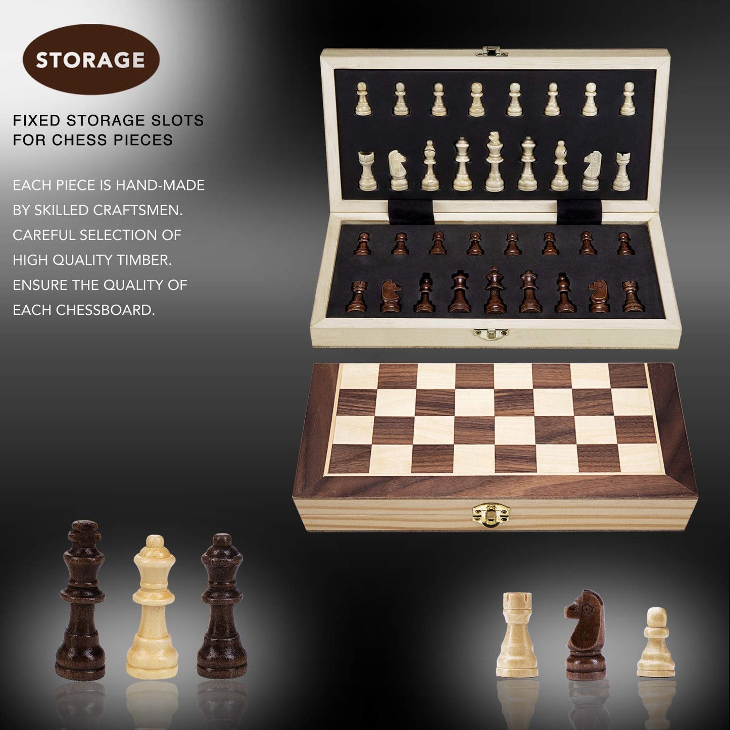 AMEROUS 12" x 12" Magnetic Wooden Chess Set for Kids and 6 up Age, 2 Bonus Extra Queens, Folding Board with Storage Slots, Handmade Chess Pieces
