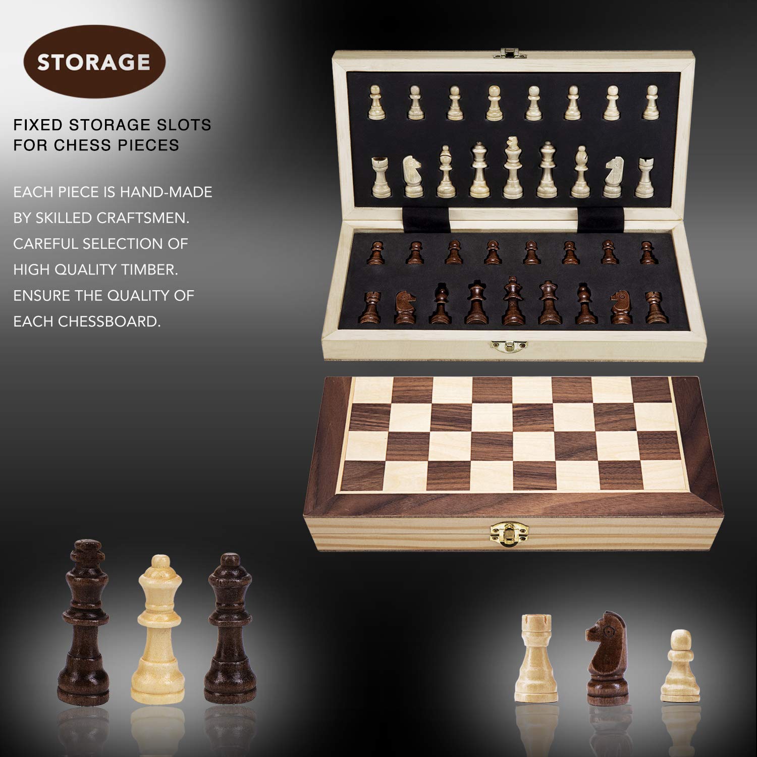 AMEROUS 12" x 12" Magnetic Wooden Chess Set for Kids and 6 up Age, 2 Bonus Extra Queens, Folding Board with Storage Slots, Handmade Chess Pieces