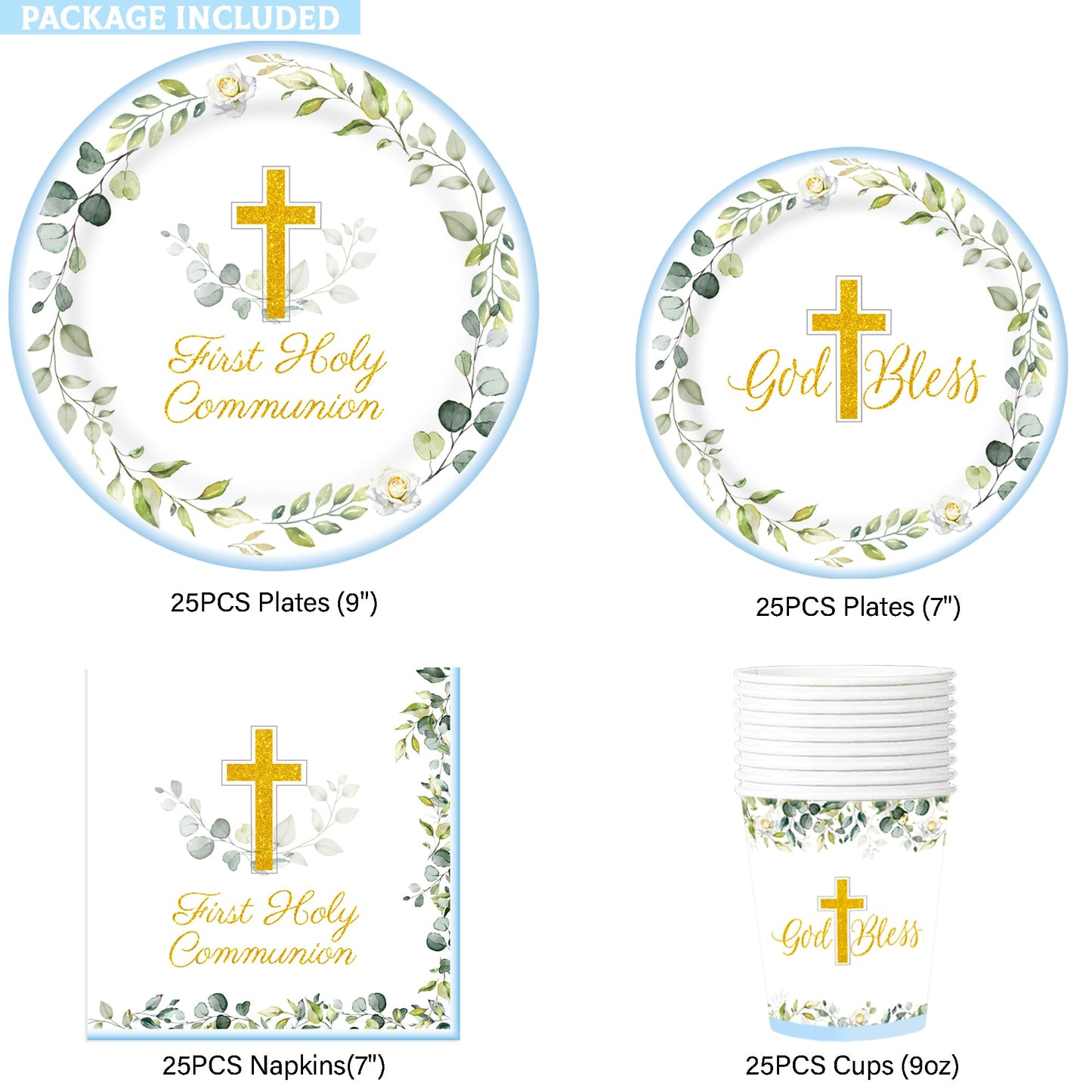 First Communion Decorations,Paper Plates and Napkins Set(Serves 25),Blue First Communion Decorations Mi Primera Comunion Party Decorations Included