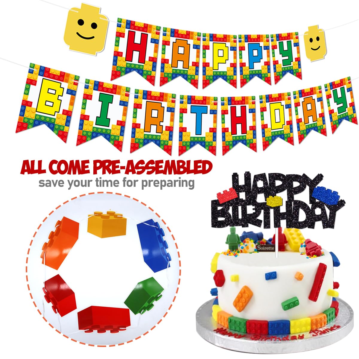 Building Blocks Themed Birthday Party Decorations Pack - Includes Glitter Cake Topper Banners and Balloons - Summer Colorful Themed Bday Party Pack