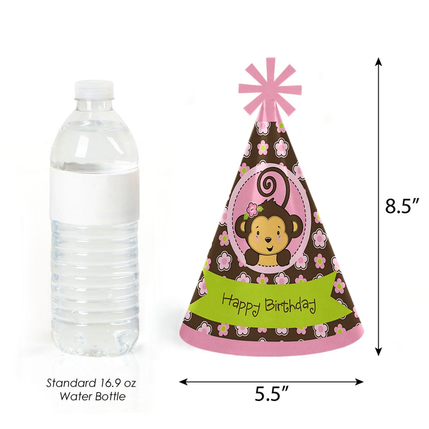 Big Dot of Happiness Pink Monkey Girl - Cone Happy Birthday Party Hats for Kids and Adults - Set of 8 (Standard Size)